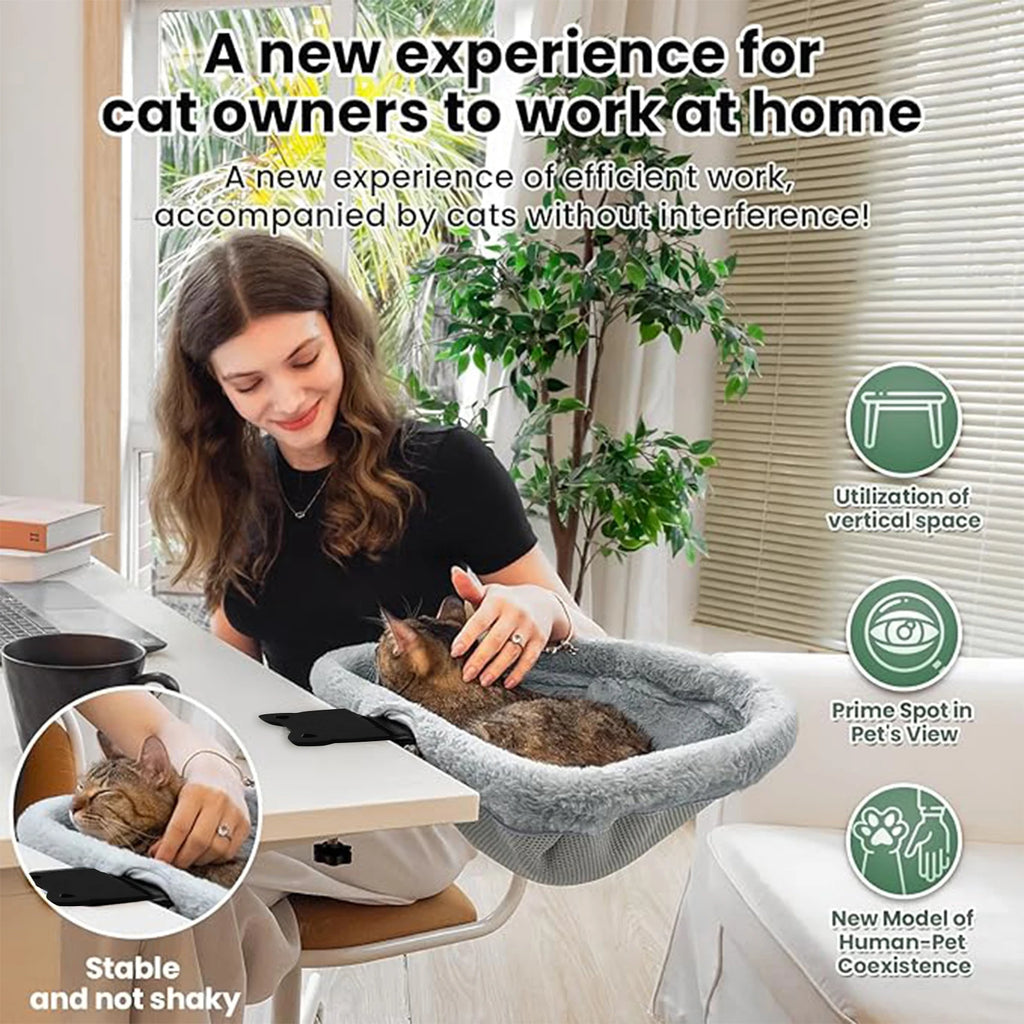 Foldable Cat Desk Bed | Plush Semi-Circle Hammock Perch for Home & Office
