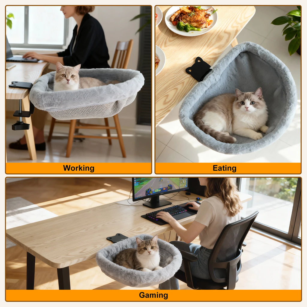 Foldable Cat Desk Bed | Plush Semi-Circle Hammock Perch for Home & Office