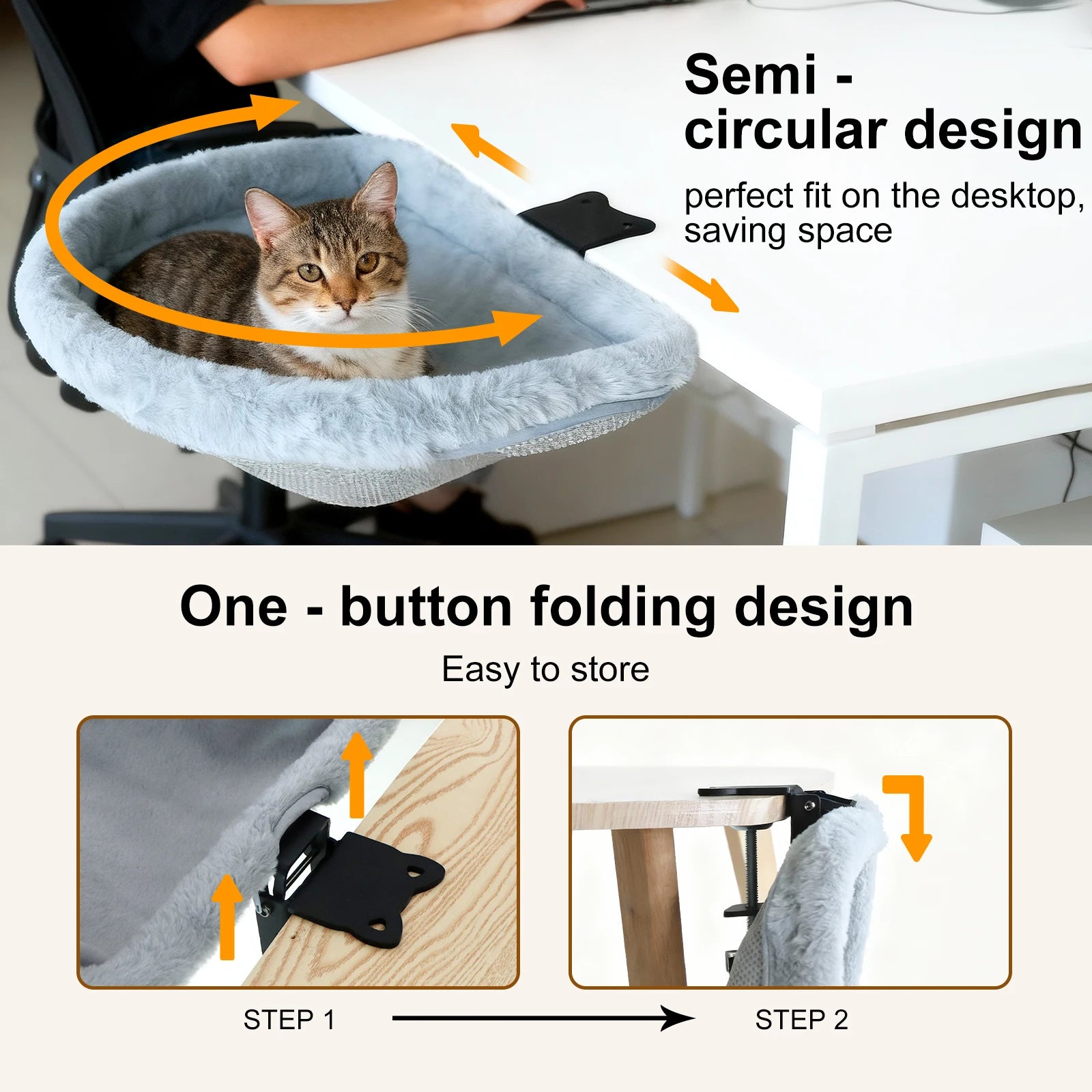 Foldable Cat Desk Bed | Plush Semi-Circle Hammock Perch for Home & Office